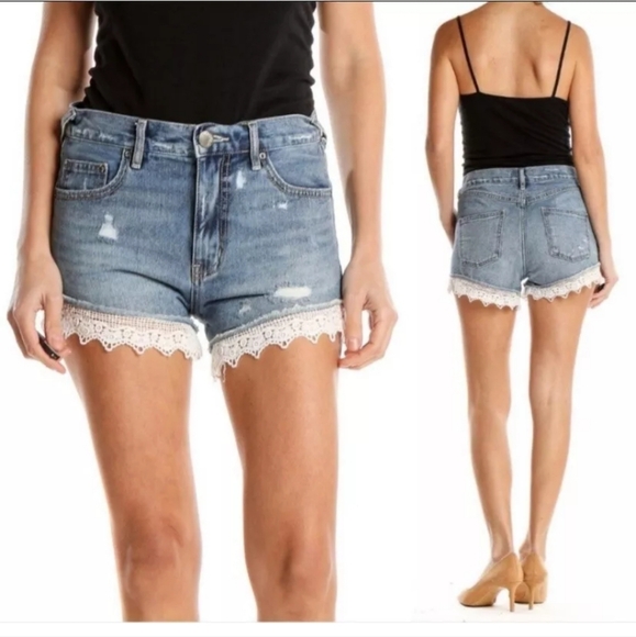 Free People Pants - Free people | High-Waisted Medium Wash Jean Shorts with Distressing and Lace Hem